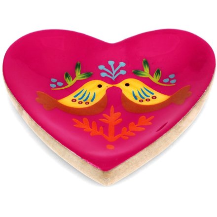 Birds Wooden Heart Trinket Dish, 11cm