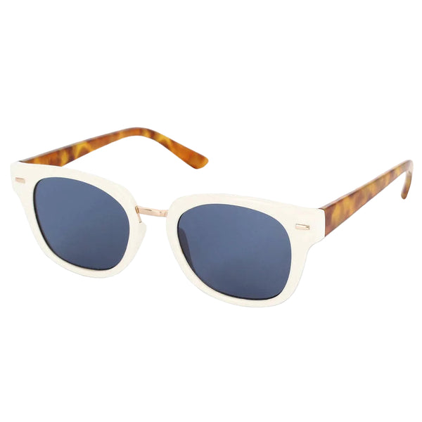 Sunglasses with tortoiseshell frame and dark lenses on a light gray background
