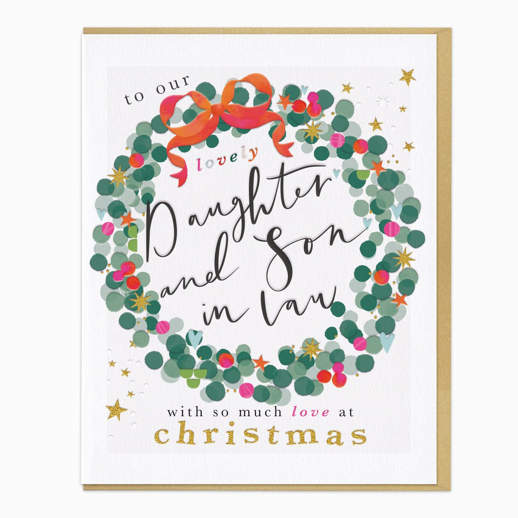 A square Christmas greeting card with a gold border, featuring a festive wreath made of green, teal, red, and pink dots with a red ribbon bow. The text reads 'to our lovely Daughter and Son in Law with so much love at christmas' in black and gold lettering.