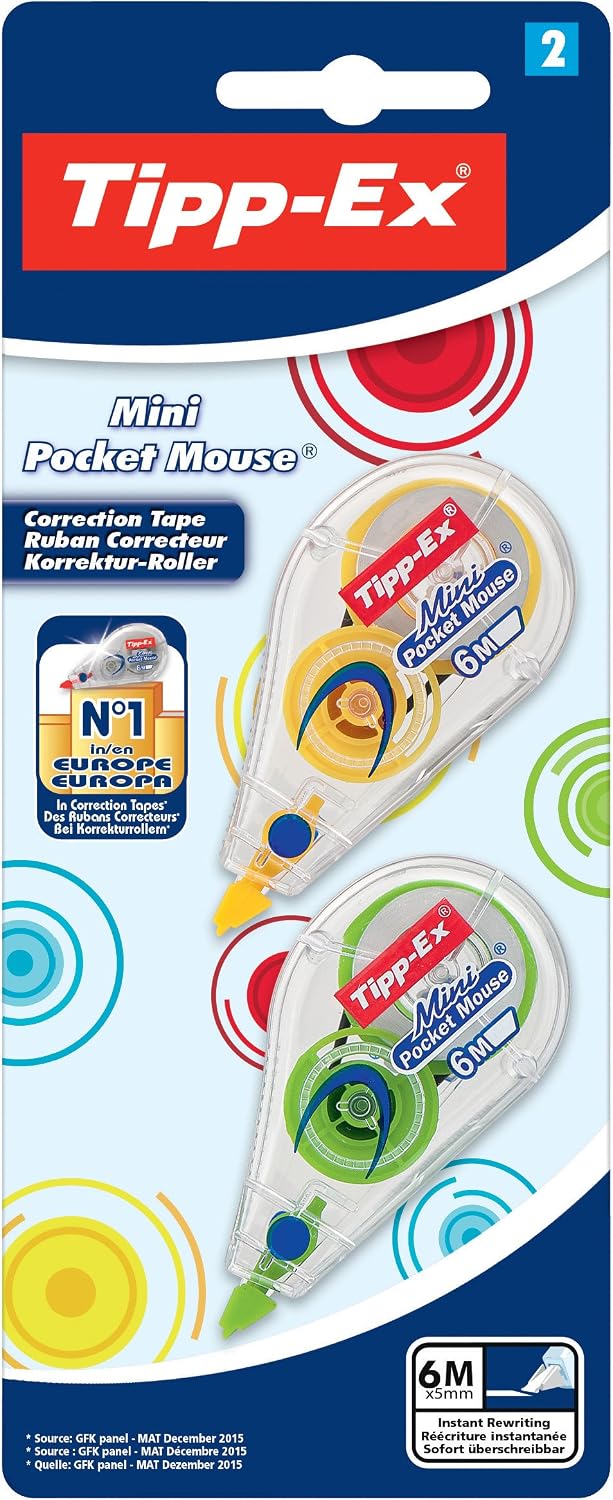 Tipp-Ex Mini Pocket Mouse correction tape dispenser in retail blister packaging, showing two small correction tape dispensers with blue, yellow, and green accents on a white and blue card background.