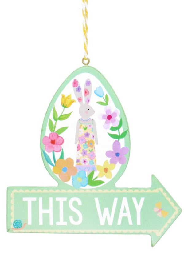 Gisela Graham Pastel Flowers Egg Bunny Wood Arrow Sign Decoration
