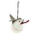 A small felt snowman ornament with a glittery white body, gray hat, red berry nose, and red stitched mouth, hanging by a gray string on a white background.