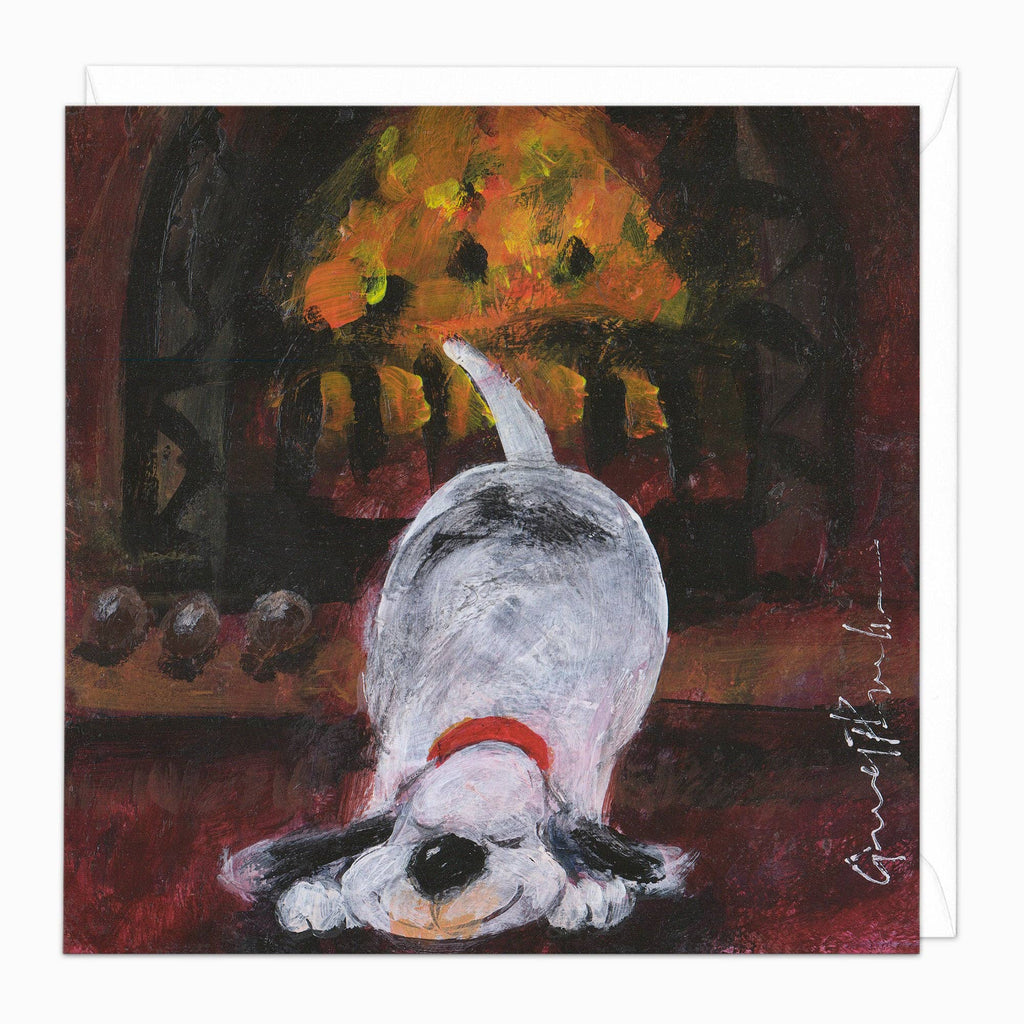 Painting of a dog lying on its back with a colorful abstract background