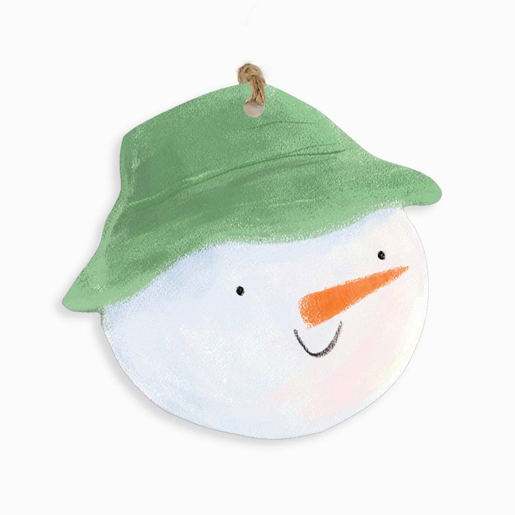 Plush snowman toy with a green hat on a white background