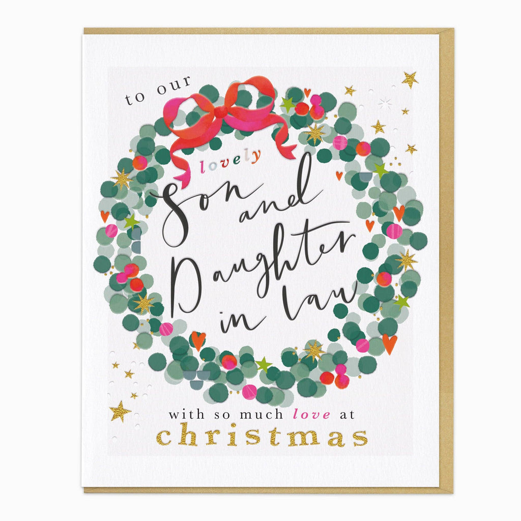 A square holiday greeting card with a gold border, featuring a colorful wreath illustration with the text 'to our lovely Son and Daughter in law with so much love at christmas'.