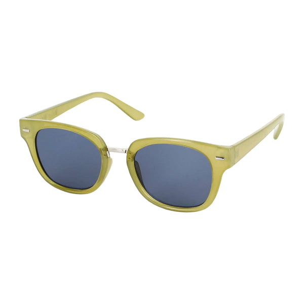 Sunglasses with yellow frame and dark lenses on a light gray background
