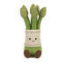 Plush toy asparagus with a smiling face on a white background