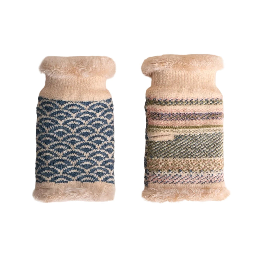 Two pairs of patterned socks on a white background