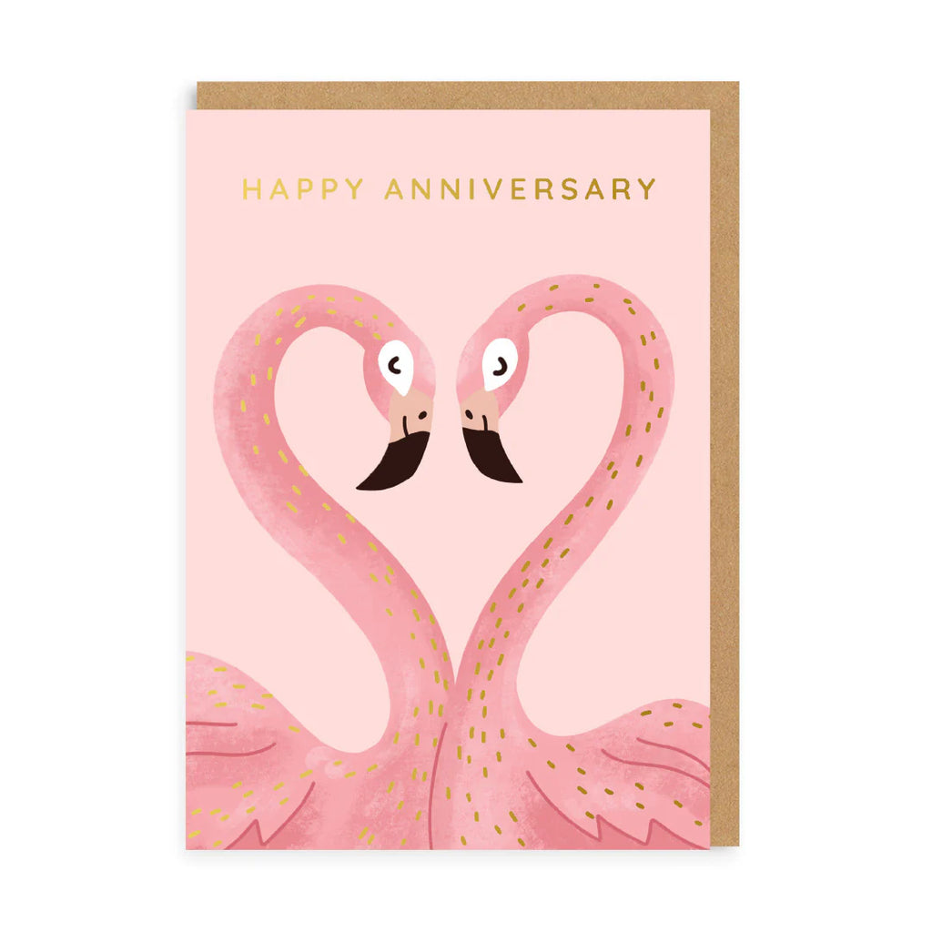 Greeting card with two pink flamingos and 'Happy Anniversary' text on a pink background