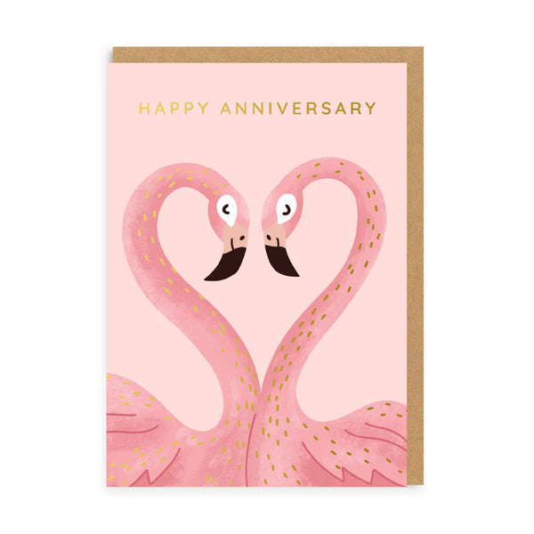 Greeting card with two pink flamingos and 'Happy Anniversary' text on a pink background