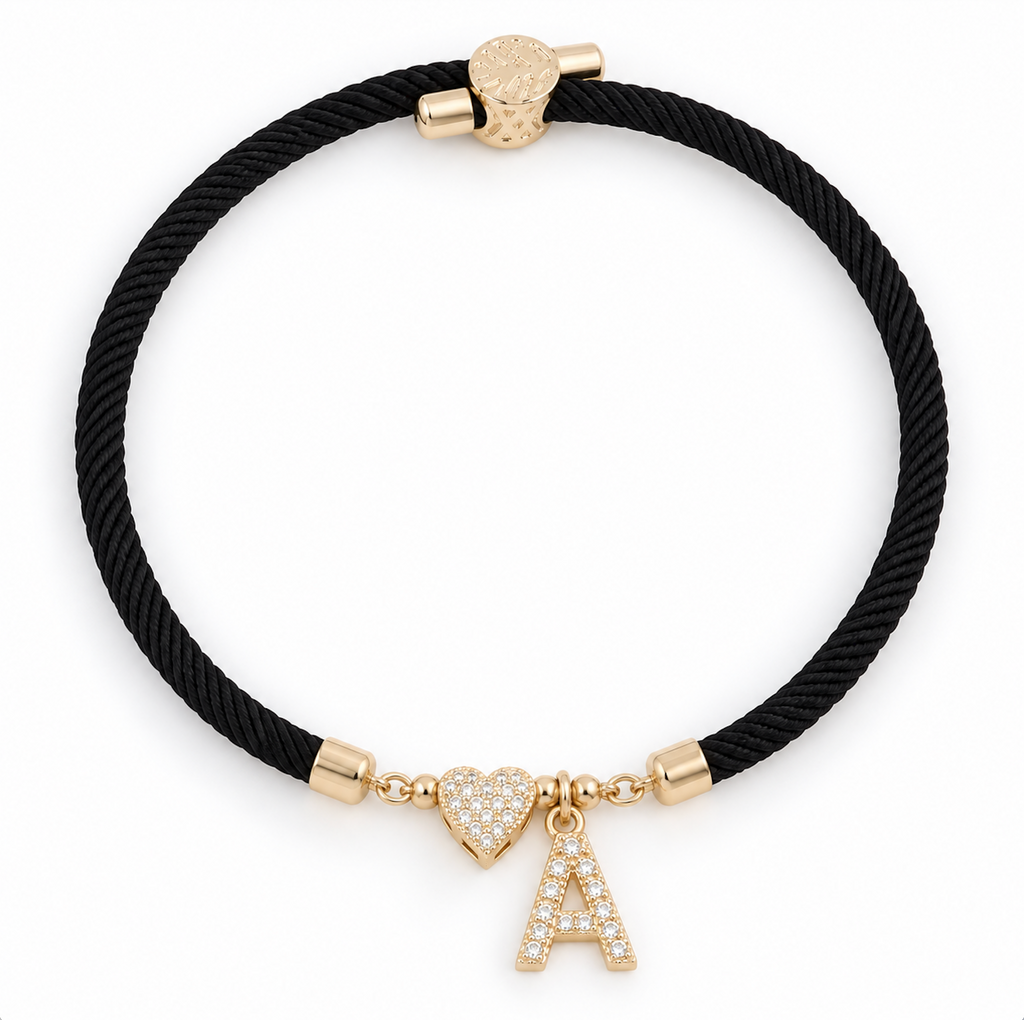 Black A-Z Initial Charm Heart Adjustable Cord Bracelet