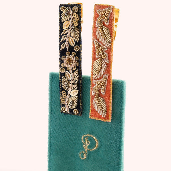 Powder Embroidered Hair Bars - Navy & Tangerine Leaves