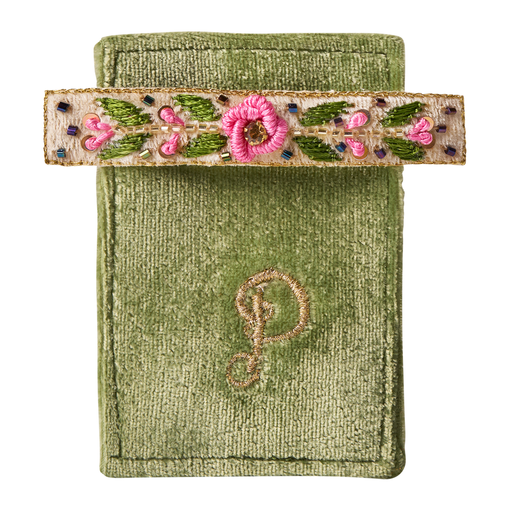 Powder Embroidered Hair Bars - Mint Floral Vine