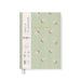 A daily planner notebook with a light green and white vertical striped cover decorated with pink floral motifs. The left spine features a cream-colored band with black text reading 'DAILY PLANNER' and 'Cute Planner London,' along with small feature icons.