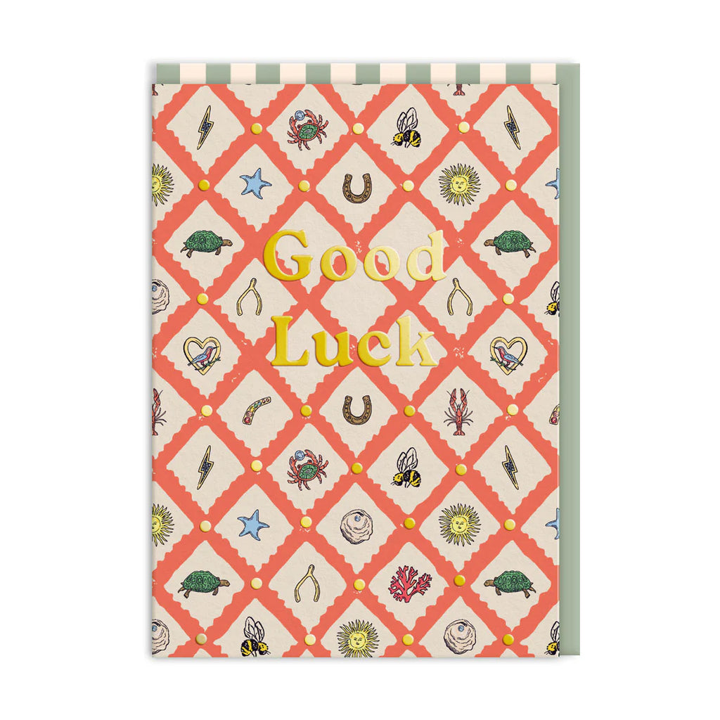 Greeting card with geometric pattern and 'Good Luck' text on a white background