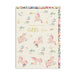Greeting card with pink unicorns and floral patterns on a white background