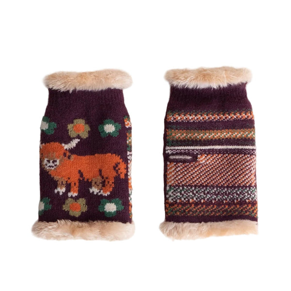 Pair of patterned hand warmers with fur trim on a white background