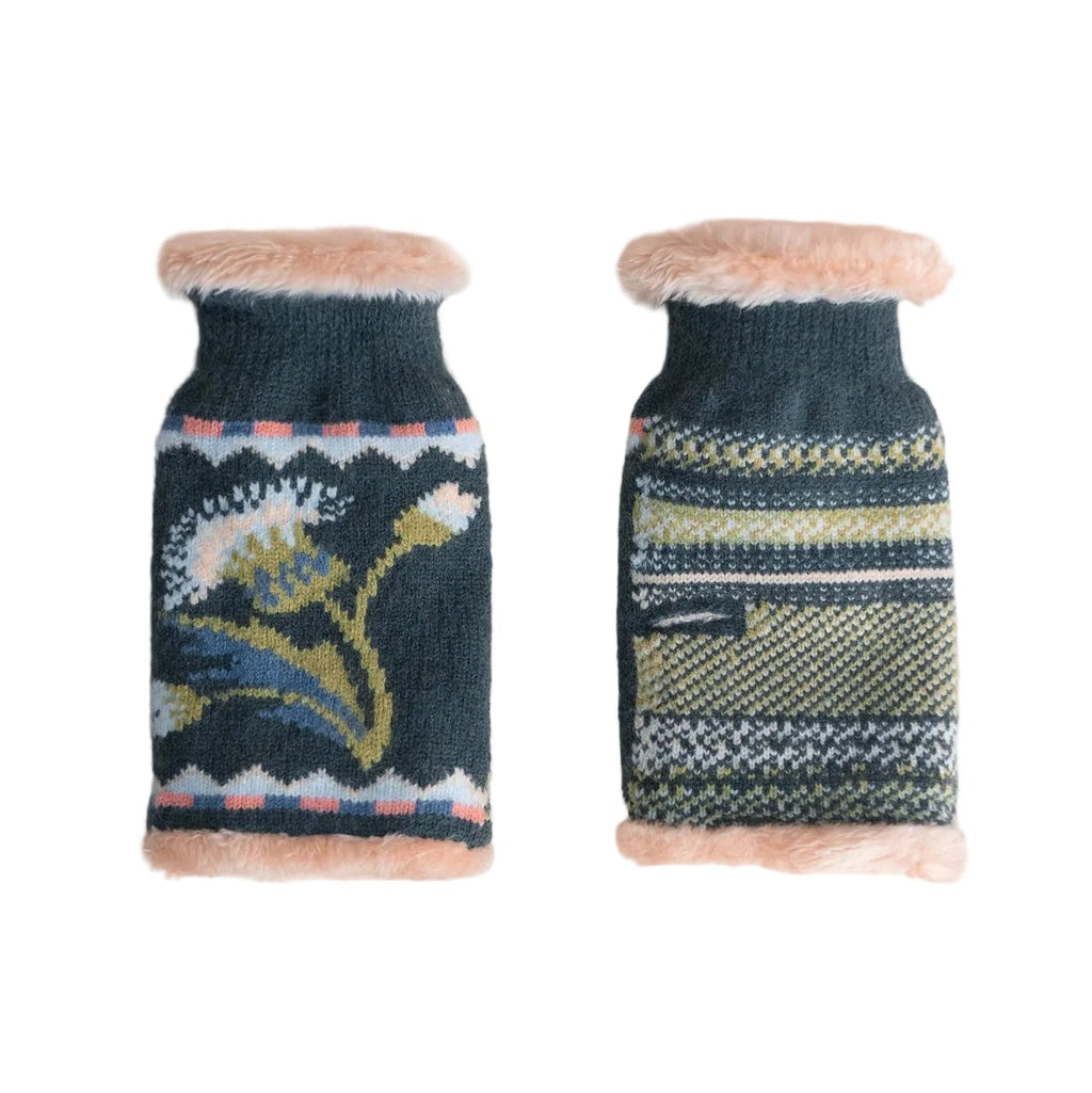 Pair of knitted dog sweaters with floral patterns on a white background