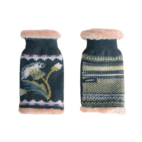 Pair of knitted dog sweaters with floral patterns on a white background