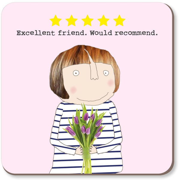 Illustration of a person holding flowers with a 5-star rating and text on a pink background