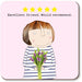Illustration of a person holding flowers with a 5-star rating and text on a pink background