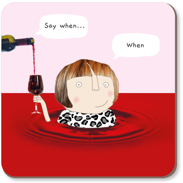 Illustration of a person in water with a glass of red wine, surrounded by text bubbles.