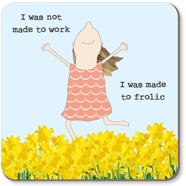 Illustration of a person in a dress standing in a field of yellow flowers with text on a blue background.