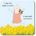 Illustration of a person in a dress standing in a field of yellow flowers with text on a blue background.