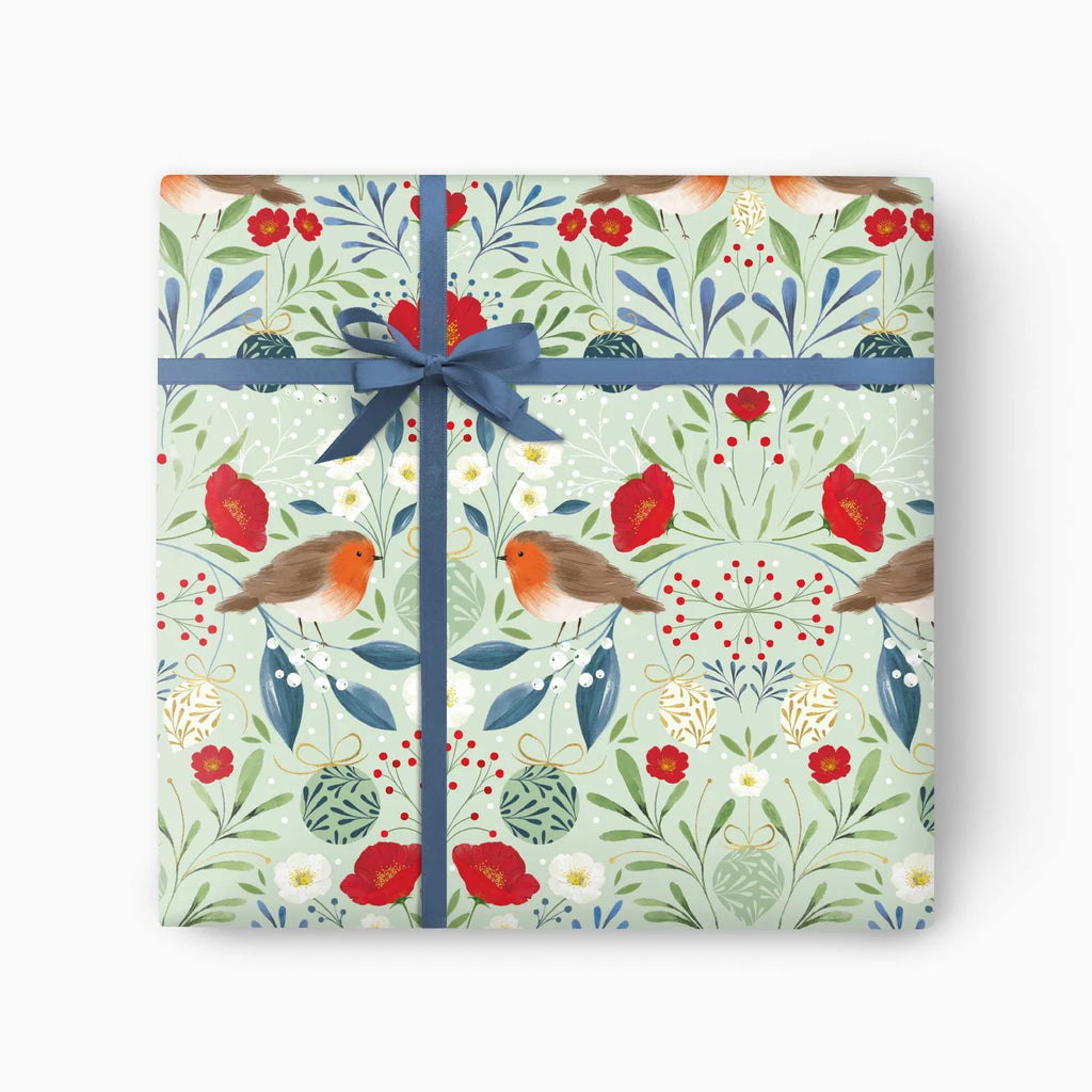 Whistlefish Berry Rose Robin Christmas Wrapping Paper