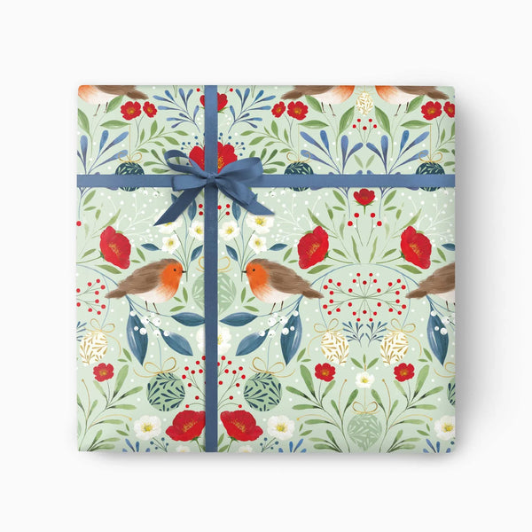 Whistlefish Berry Rose Robin Christmas Wrapping Paper