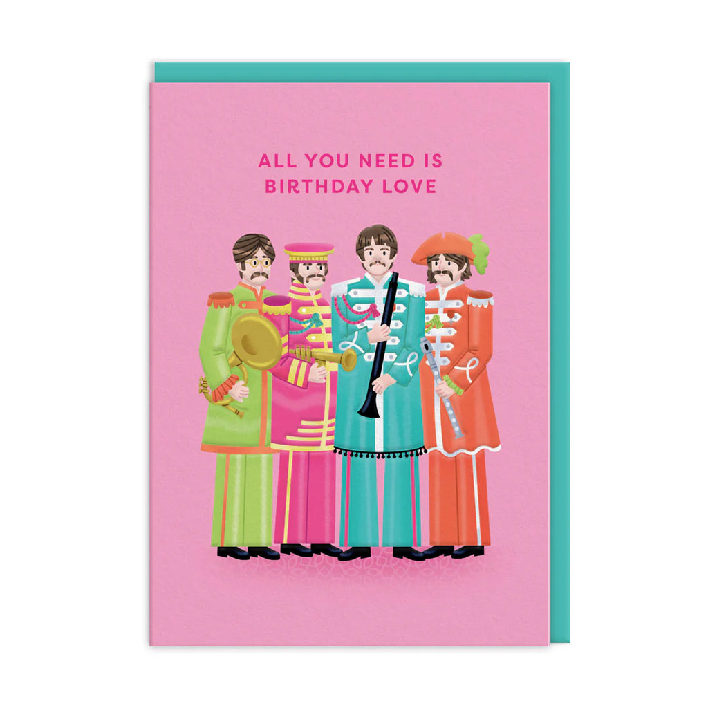 Card with Beatles-themed illustration and 'All You Need Is Birthday Love' text on a pink background