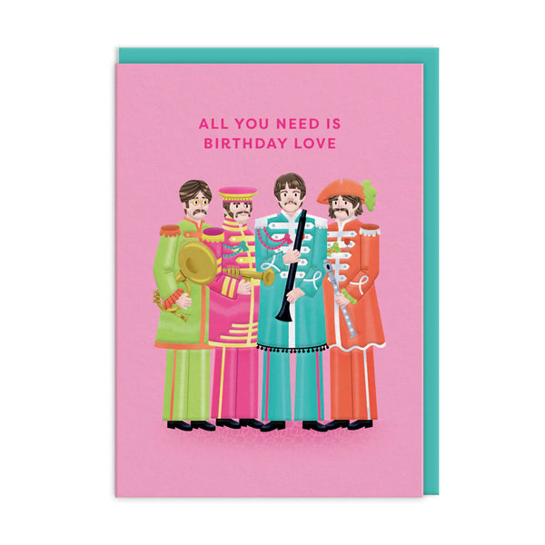 Card with Beatles-themed illustration and 'All You Need Is Birthday Love' text on a pink background