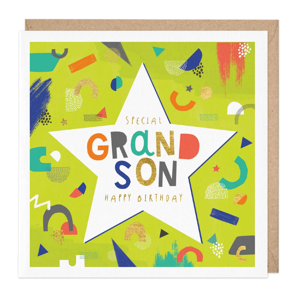 Colorful birthday card for a grandson with geometric shapes and a star-shaped text area.