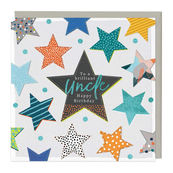 Birthday card with colorful stars and text 'To a brilliant Uncle Happy Birthday' on a white background