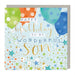 Birthday card for a wonderful son with colorful balloons and stars on a blue background