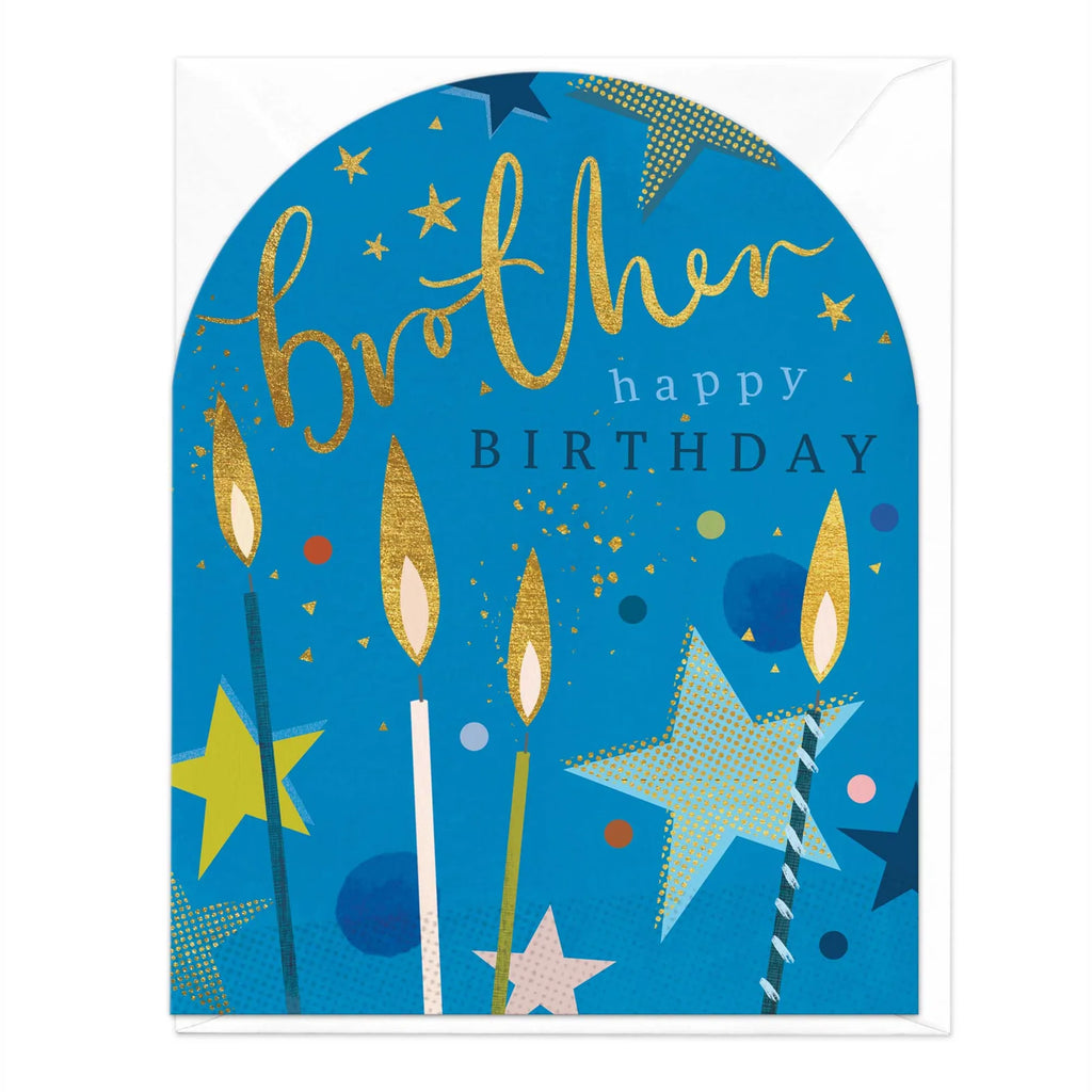 Birthday card for brother with blue background, gold candles, and stars.