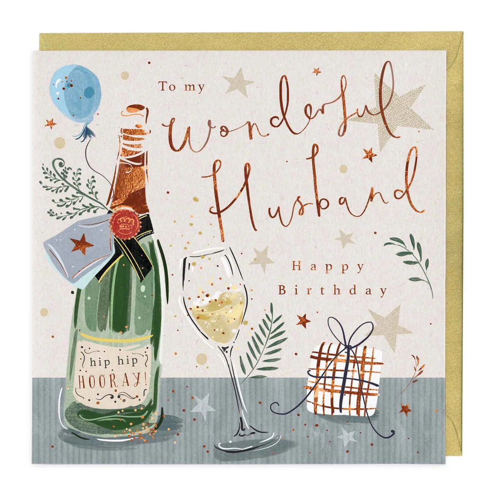 Birthday card for a wonderful husband with champagne bottle and glass illustration.