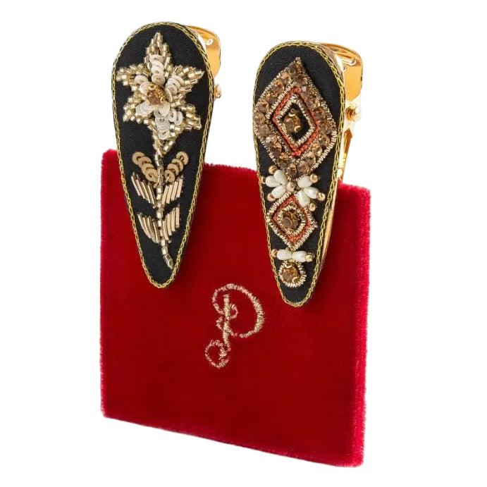 Powder Jewelled Hair Clips (Set of 2) - Midnight Floral & Deco