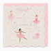 A scalloped-edge birthday card with ballerina illustrations and the text 'happy birthday to a very special little girl,' shown with a pink envelope behind it on a light gray background.