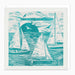 A square birthday card with a white envelope behind it, featuring a teal and off-white woodcut-style illustration of sailboats on the water with birds and the text 'HAPPY BIRTHDAY GRANDAD'.