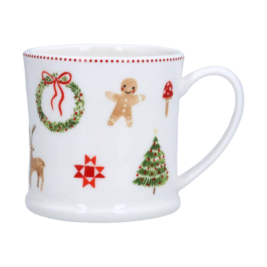 White mug with Christmas-themed illustrations on a white background