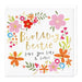 A square white greeting card with colorful floral illustrations around the border and gold foil text reading 'Birthday Bestie' plus 'Love you Lots & Lots!'. A white envelope is partially visible behind the card.