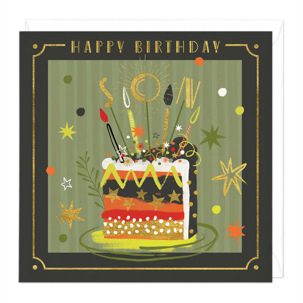 A square birthday greeting card with a dark charcoal border and the words 'HAPPY BIRTHDAY' at the top. The center shows a decorated birthday cake with candles, confetti, stars, and festive accents on an olive green striped background.