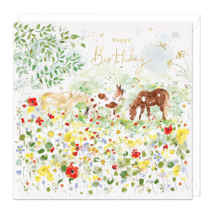 Whistlefish Grazing Horses Birthday Card