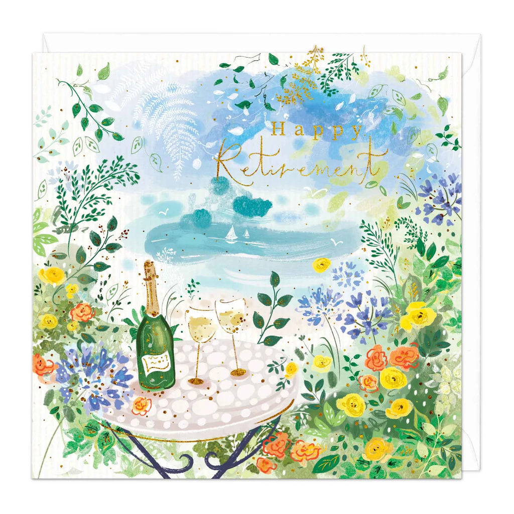 Greeting card with 'Happy Retirement' text, champagne bottle, and flowers on a white background