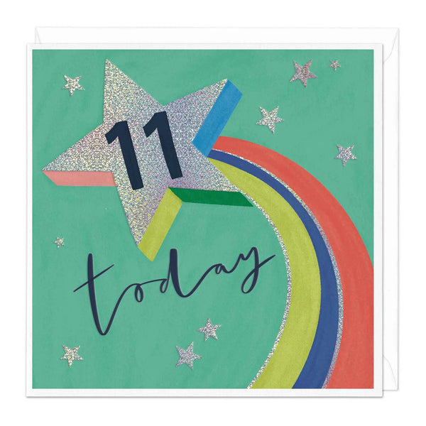 Card with a star, rainbow, and '11 today' text on a green background