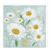 A square art print or card featuring a botanical illustration of white daisies with yellow centers, green leaves, small bees, and delicate wildflowers on a pale blue background, with a white envelope partially visible behind it.