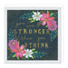 Motivational card with floral design and text 'you are stronger than you think' on a dark blue background.