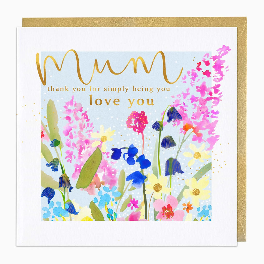 Greeting card with floral design and text 'Mum, thank you for simply being you. Love you' on a light blue background.