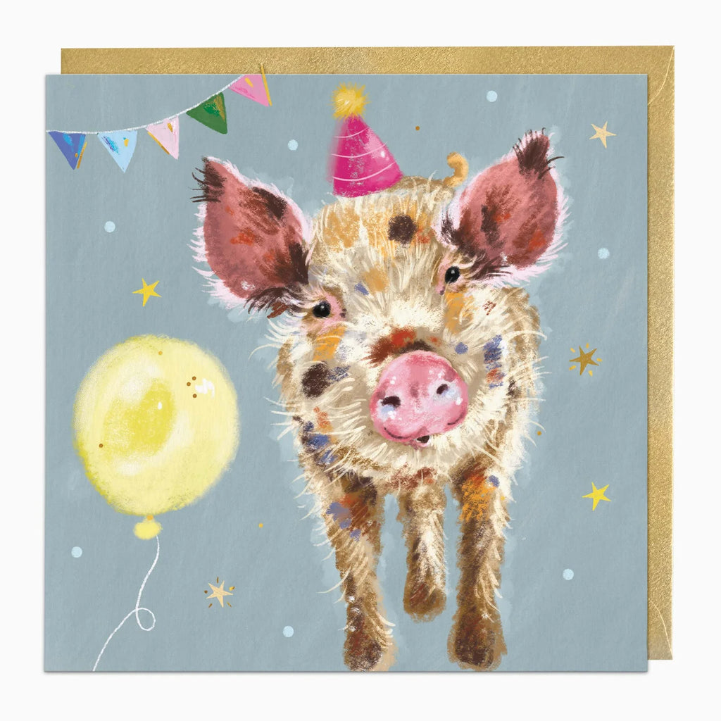 Birthday card with a cartoon pig wearing a party hat and balloons on a blue background